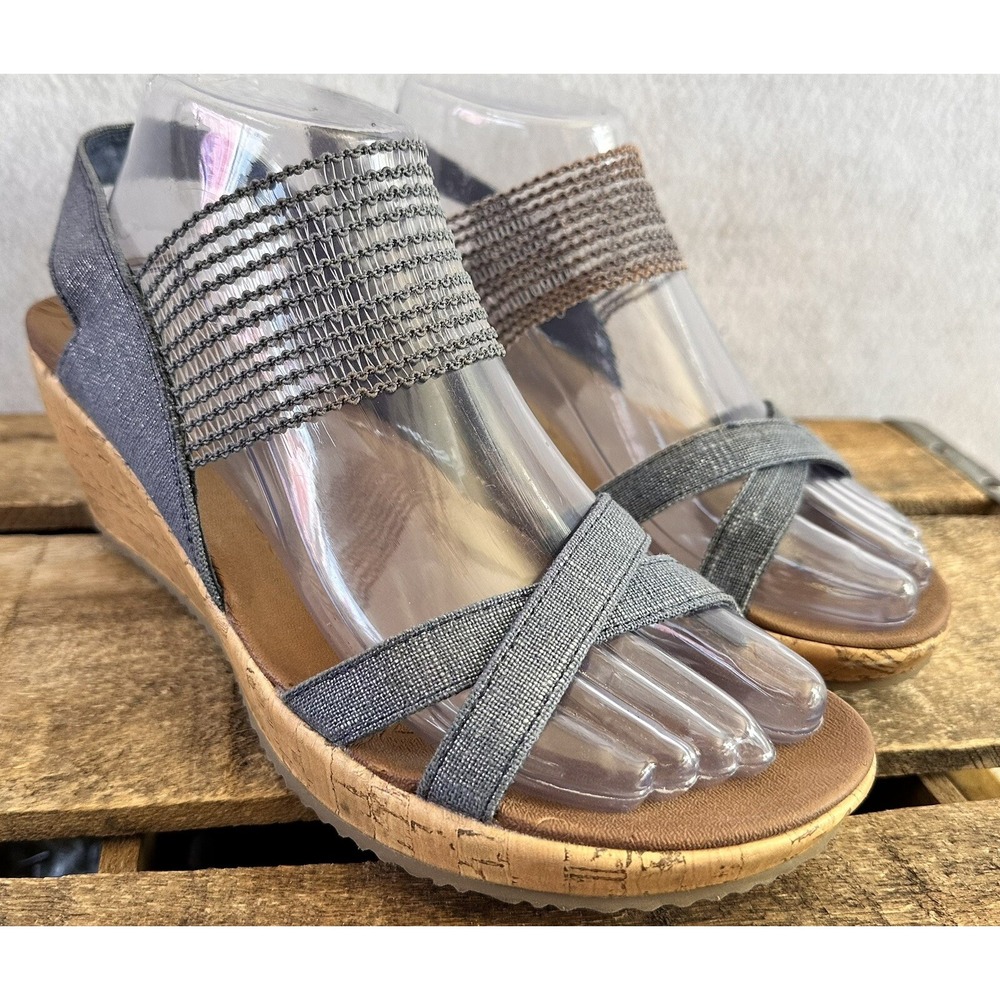 Skechers Denim Blue Wedges Sandals Women’s Sz 9 Luxe Foam Strappy